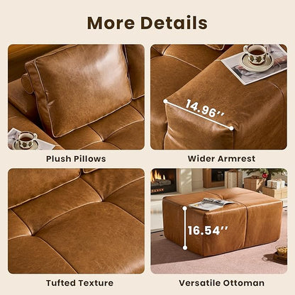 114" Cloud Sectional Couch with L-Shape Chaise & Ottoman, Modern Boneless Couches for Living Room, Fluffy Tufted Deep Seat Modular Sofa No Assembly (Faux Leather,Brown,Left Facing)
