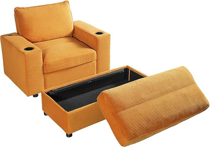 Christopher Knight Home Zoe Oversized Chaise Lounge Chair Indoor with Cup Holders & USB Charging Port, Corduroy Upholstered Sofa Bed + Ottoman with Storage, Comfy Deep Seat Sleeper Sofa Chair, Yellow