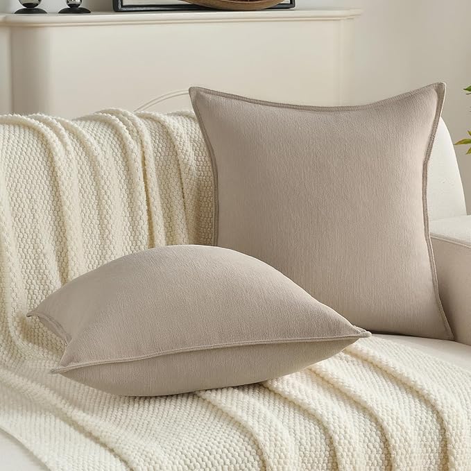 FUTEI Oatmeal Chenille Throw Pillow Covers 24x24 Inch Set of 2,Edges Double-Stitched European Cushion Cases,Modern Home Decor for Couch Living Room