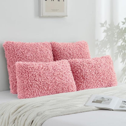 FUTEI Pink Decorative Throw Pillow Covers 20x20 Inch Set of 2,Soft Fluffy Faux Wool Fur Boucle Textured Cushion Case,Modern Home Decor for Couch Bed Living Room Office