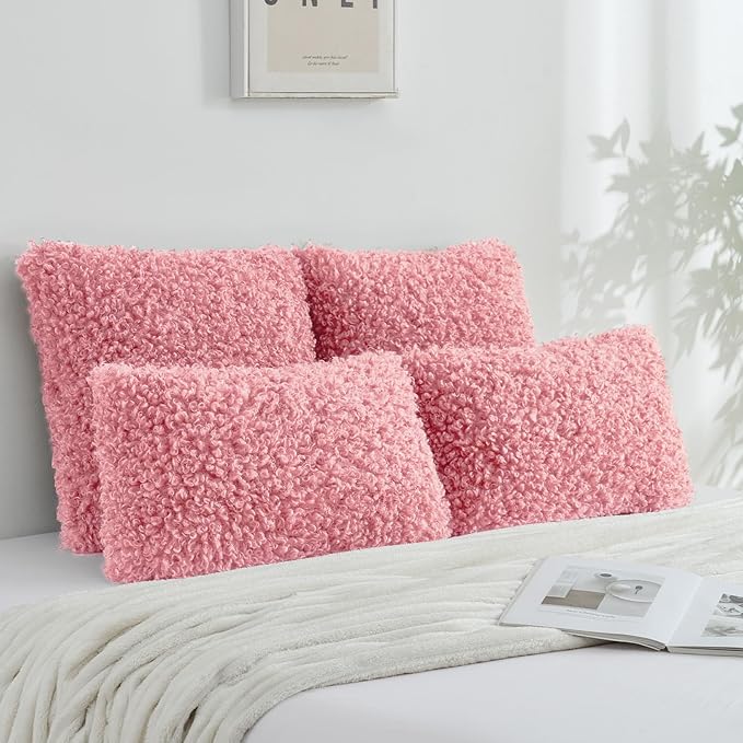 FUTEI Pink Decorative Throw Pillow Covers 22x22 Inch Set of 2,Soft Fluffy Faux Wool Fur Boucle Textured Cushion Case,Modern Home Decor for Couch Bed Living Room Office