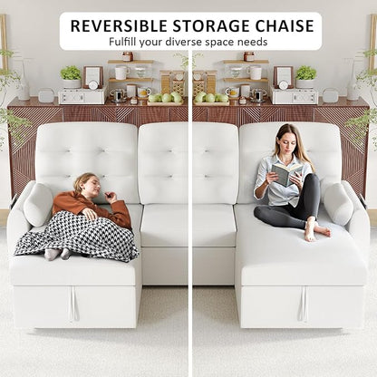 Ucloveria Sleeper Sofa Bed, 86" Convertible Sectional Sofa Couches for Living Room, Pull Out Couch Bed with Reversible Storage Chaise | USB Ports | Side Pockets | Removable Backrest