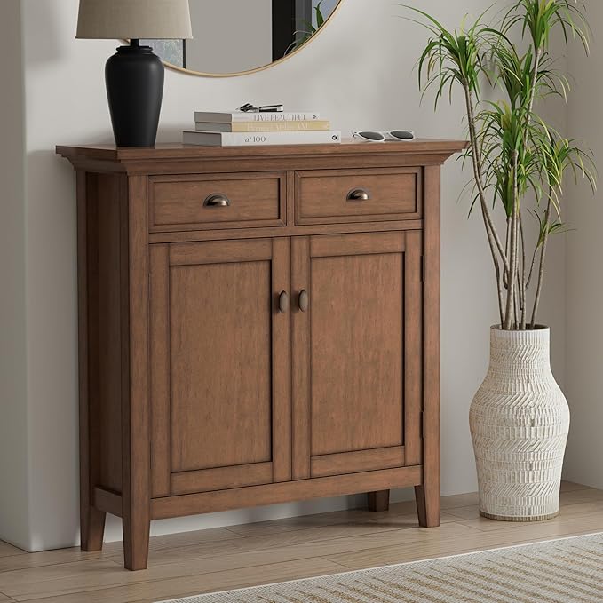 SIMPLIHOME Redmond SOLID WOOD 36 inch Wide Transitional Entryway Storage Cabinet in Rustic Natural Aged Brown for the Living Room, Entryway and Family Room