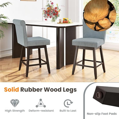 COSTWAY Swivel Bar Stools Set of 4, 27" Counter Height Bar Chairs with Rubber Wood Legs, Upholstered Linen Barstools with Back & Cushioned Seat, for Kitchen Island, Home, Pub, Grey