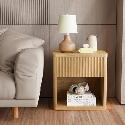 22.8" Fluted Nightstands Set of 2, Large Modern Nightstand with Drawer and Storage Shelf, Oak Finish & Cream, Mid Century Night Stands for Bedroom Living Room Sofa Couch Office