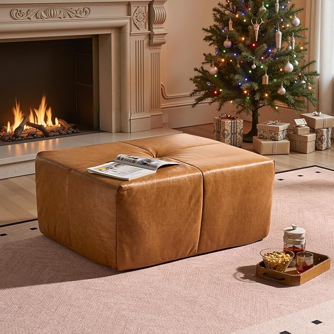 37.8" Faux Leather Ottoman for Couch, Memory Foam Cloud Boneless Sectional Couch for Living Room Foot Stools No Assembly Require (Faux Leather,Brown)