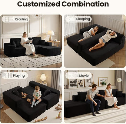 104" Cloud Sectional Couch with Chaise, Boneless L-Shaped Cloud Couch with Deep Seat, Corduroy Modern Minimalist Sofa, Assembly Free Comfy Sofa for Office Living Room Apartment(Black, Right Chaise)