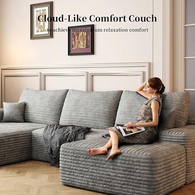 107.5" Compressed Boneless Couch with Ottoman, 2 Seater Large U Shaped Sectional Couches for Living Room, Grey Corduroy Cloud Modular Sectional Sofa, Memory Foam, No Assembly，Light Facing Chaise