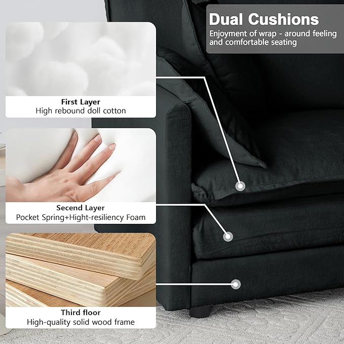 Modular Sectional Sofa, 111.5 Inch I-Shaped Cloud Sofa with Deep Seat Chenille Sofa with Cushions, Three-Self Sectional Sofa for Living Room Apartment,Black
