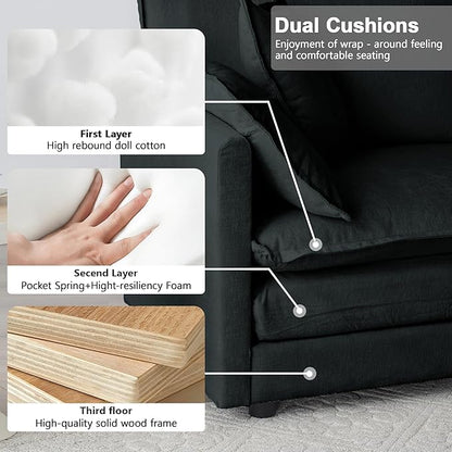 Modular Sectional Sofa, 111.5 Inch L-Shaped Cloud Sofa with Deep Seat Chenille Sofa with Cushions, Three-Self Sectional Sofa for Living Room Apartment,Black