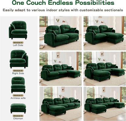 107" U Shaped Couch for Living Room, Comfy Chenille Fabric Cloud Sectional Couch, Modern Upholstered Deep Seat Sofa with Pillow and 2 Movable Ottoman, Oversized 3 Seater Sectional Sofa, Green