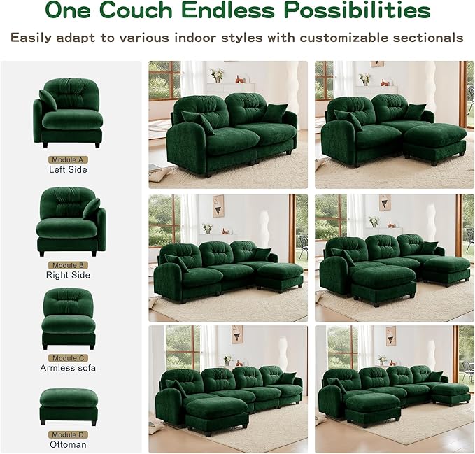 140" U Shaped Couch for Living Room, Comfy Chenille Fabric Cloud Sectional Couch, Modern Upholstered Deep Seat Sofa with Pillow and 2 Movable Ottoman, Oversized 4 Seater Sectional Sofa, Green