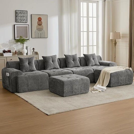 129.23”Modular Sectional Couch for Living Room, Modren L-Shape Cloud Sectional 4-Seater Sofa with 2 Movable Ottomans, Woven Texture Upholstery Boneless Couch, No Assembly, Grey