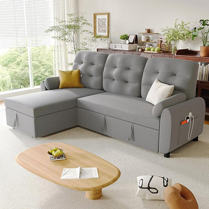 Ucloveria Sleeper Sofa Bed, 86" Convertible Sectional Sofa Couches for Living Room, Pull Out Couch Bed with Reversible Storage Chaise | USB Ports | Side Pockets | Removable Backrest