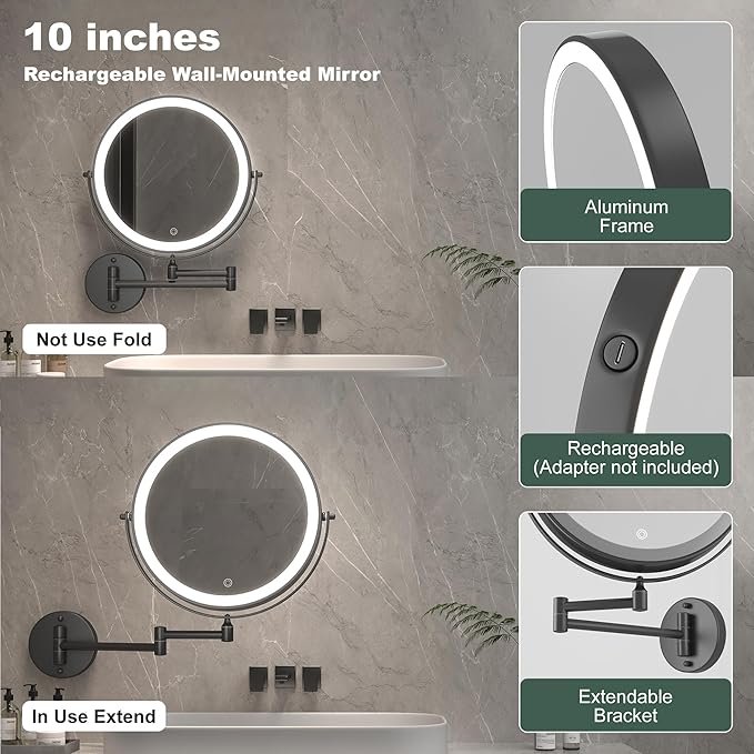 Hasipu 10-Inch Wall Mounted Makeup Mirror with Magnification, Rechargeable 3000 mAh Vanity Mirror with Lights, Bathroom Mirror with Dimmable Brightness, 3 Lighting Modes, Extendable Arm, Black