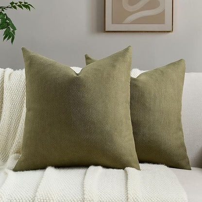 FUTEI Olive Green Chenille Throw Pillow Covers 22x22 Inch Set of 2,Soft Wide Chevron Textured Cushion Case,Farmhouse Home Decor for Couch Bed Living Room