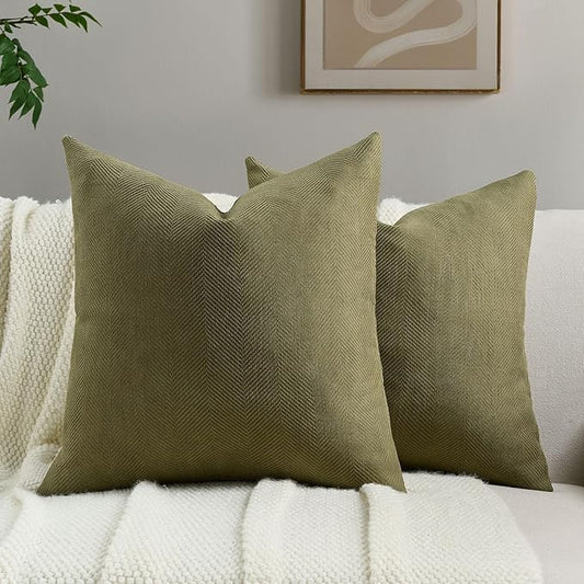 FUTEI Olive Green Chenille Throw Pillow Covers 18x18 Inch Set of 2,Soft Wide Chevron Textured Cushion Case,Farmhouse Home Decor for Couch Bed Living Room