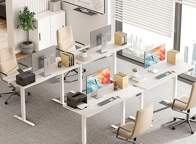 55 x 24 inch Electric Standing Desk Adjustable Height with 4 Wheels, 4 Memory Height Settings, 2 Headphone Hook, for Home Office, Splice Board White