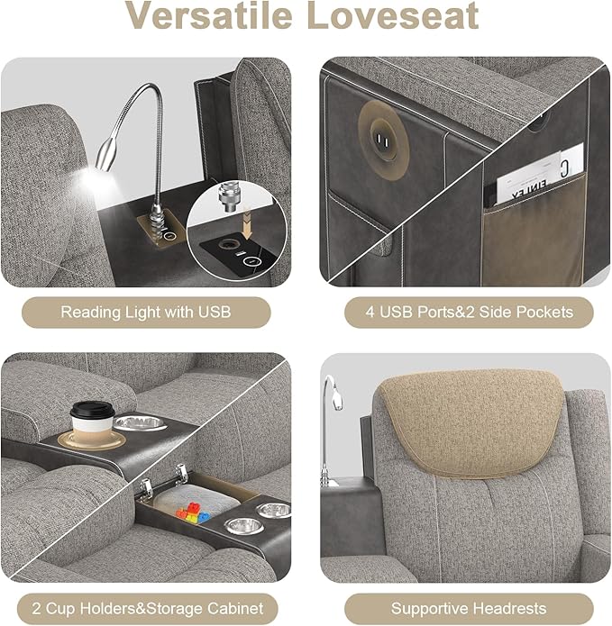 Loveseat Recliner Sofa Set, Manual Reclining Loveseat Sofa with Reading Light, Storage Console, Cup Holders, USB Ports, Grey Linen-Blend Fabric & PU Leather, Living Room Furniture Set