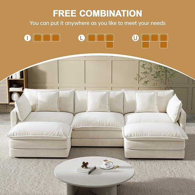 Modular Sectional Sofa, U-Shaped Cloud Sofa with Deep Seat, 111.5 Inch Chenille Sofa with Cushions, 3-Self Sectional Sofa for Living Room Apartment, White