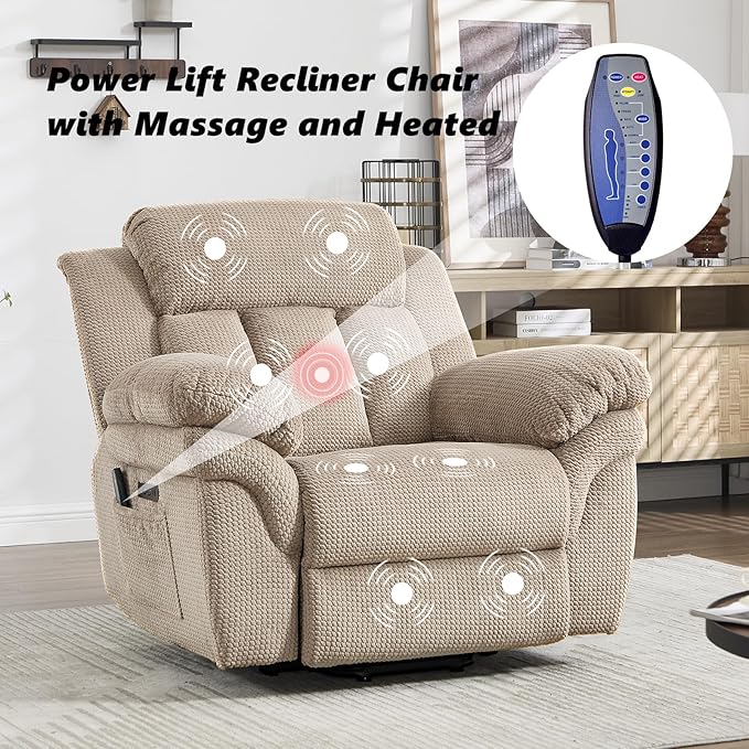 CANMOV Recliner Sofa Set, Oversize Power Lift Recliner Chair, Manual Loveseat and 3-Seat Sofa with Overstuffed Armrest for Living Room,Bedroom Furniture,Office,1+2+3 Seat Light Brown