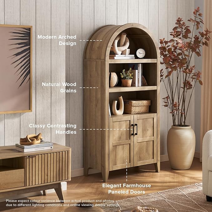 mopio Lauren 77.4" Tall Arched Cabinet, 5-Tier Arched Bookcase with Doors and Adjustable Shelves, Arch Bookshelf with Storage, Wooden Storage Cabinet for Living Room and Kitchen Pantry (Set of 2, Oak)