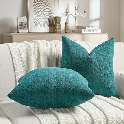 FUTEI Teal Chenille Throw Pillow Covers 12x20 Inch Set of 2,Soft Striped & Diamond Textured Lumbar Pillow Cases,Modern Home Decor for Couch Living Room
