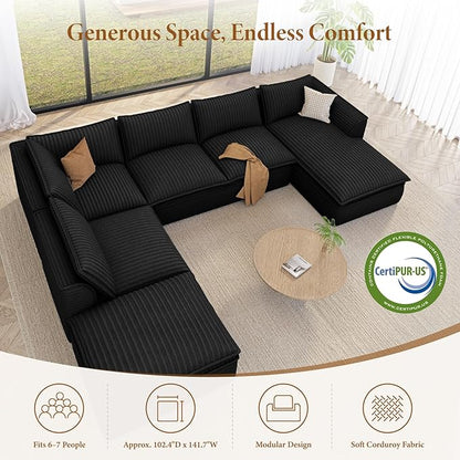 Vesgantti 141.7" Oversized Sectional Boneless Couch, Modern 7 Seater Modular Sofa with Chaise & Ottoman, Deep Seat Plush Corduroy Cloud Couches for Living Room, No Assembly Required, Black