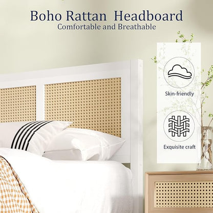 Rattan Bed Frame Queen, Boho Bed Frame with Headboard, Metal Platform Bed Frame Queen Size with Strong Slats Support, No Box Spring Needed, Noise Free, Easy Assembly, White