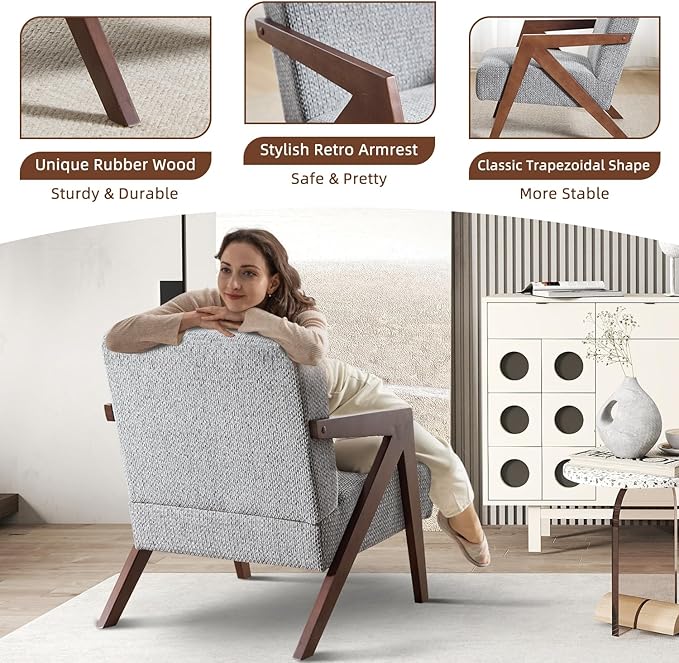 INZOY Mid Century Modern Accent Chair with Wood Frame, Upholstered Reading Armchair with Soft Linen Fabric, Accent Chair for Living Room Bedroom Apartment, Easy Assembly, Blue