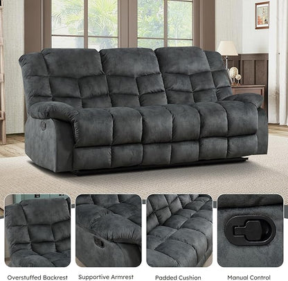 EBELLO Reclining Couch for Living Room, Extra Wide Modern Overstuffed 3 Seat Recliner Manual Sofa Breathable Fabric and Padded Cushion, Grey Green