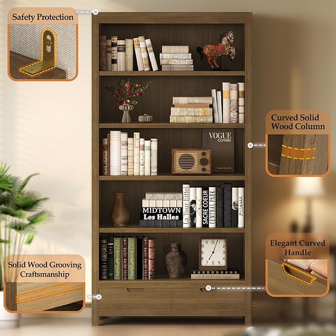 TVU 5-Tier Solid Wood Bookshelf with 2 Drawers, 72-inch Tall Standing Bookcase, 17.7" Wide Open Display Shelf for Living Room, Study, Office Storage, Deep Wood Color (72" H × 32.3" W × 11.8" D)