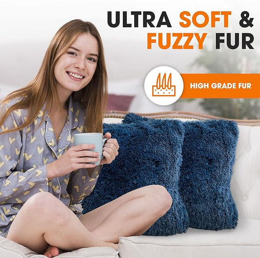 Cheer Collection Throw Pillows for Couch and Bed, Soft Shaggy Throw Pillows with Inserts Included, Cozy Long Hair Faux Fur Pillows - Set of 2-24" x 24" Navy