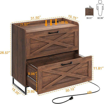 File Cabinet 2 Drawers Lateral File Cabinet with Charging Station for Letter/Legal/A4 Size Hanging Files, Large Wood File Storage Cabinets Printer Stand for Home Office, Dark Walnut