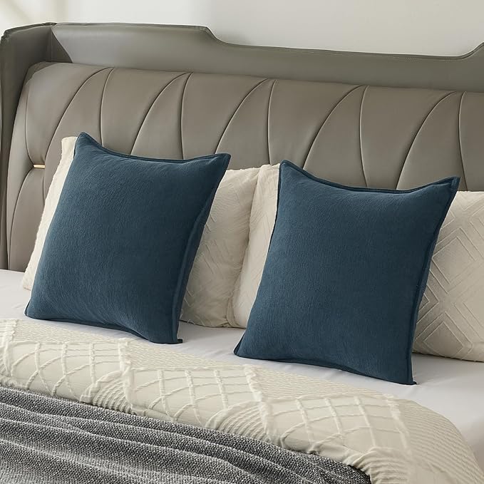 FUTEI Navy Blue Chenille Throw Pillow Covers 24x24 Inch Set of 2,Edges Double-Stitched European Cushion Cases,Modern Home Decor for Couch Living Room