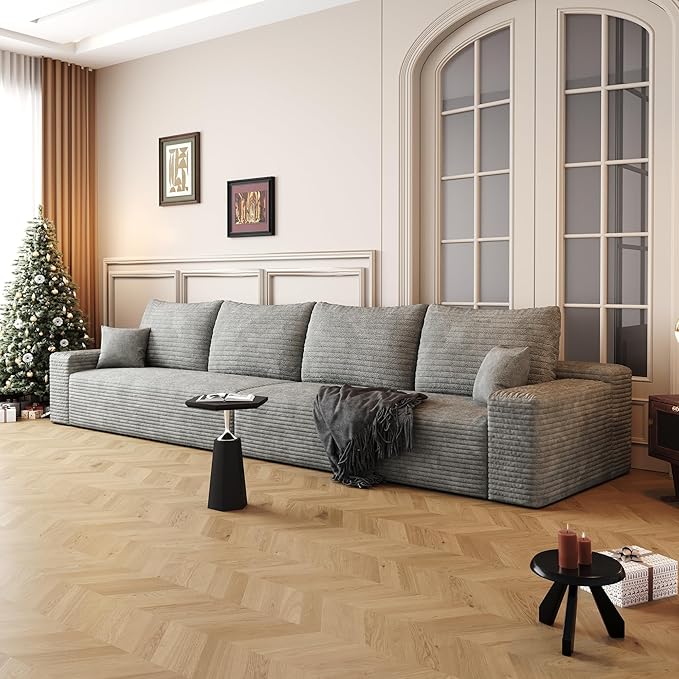 140.2" Cloud Modular Gray Sofa, 4-Seater Upholstered Couches for Living Room, Modern Minimalist Deep Seat Boneless Couch, No Assembly Required, Plush Corduroy Fabric
