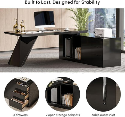 homary 70.9" Modern L-Shape Executive Desk, Home Office Desk with Drawers & Cabinet Modern Computer Desk for Home Business Furniture, Black, Right Hand
