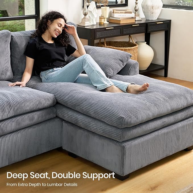 Belffin Large Modular Sectional Sofa with Double Deep Chaise and Loveseat, Corduroy U Shape Couch with 9" Soft Dual-Layer 9 Seats Cushion for Living Room, Apartment, Light Grey