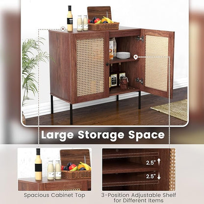 COSTWAY Buffet Cabinet with Storage, Storage Sideboard with Rattan Decorated Doors, Adjustable Shelf, Metal Legs, Accent Cabinet, Buffet Table Credenza for Hallway, Entryway, Living Room (2, Walnut)