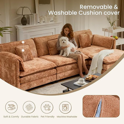 112" U Shaped Modular Sectional Sofa, 3 Seater Comfy Cloud Couch with Movable Ottoman, Deep Seat Couches for Living Room, Bedroom,Apartment (Orange)