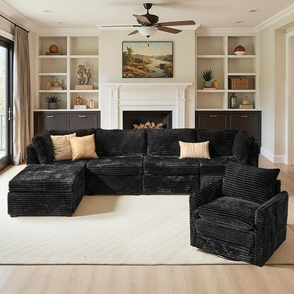 130" Modular Sofa with Swivel Chair & Ottoman, Modern Cloud Sectional Couch Plush Corduroy 5 Seater Deep Seat Sofas Set & Accent Armchair for Living Room, Black