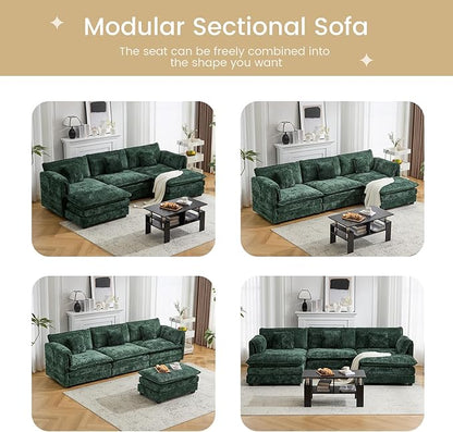 147.8" U Shaped Modular Sectional Sofa, Comfy Cloud Couch with Movable Ottoman, Deep Seat Modular Sofa, Sectional Couches for Living Room, Bedroom, Apartment (Green)