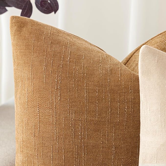 Foindtower Set of 2 Soft Textured Chenille Throw Decorative Pillow Covers Square Accent Solid Cushion Cover Neutral Farmhouse Pillow Case for Couch Sofa Bedroom Living Room 24x24 Inch,Golden Brown