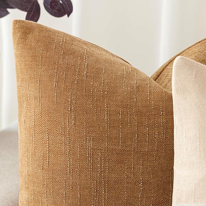Foindtower Set of 2 Soft Textured Chenille Throw Decorative Pillow Covers Square Accent Solid Cushion Cover Neutral Farmhouse Pillow Case for Couch Sofa Bedroom Living Room 24x24 Inch,Golden Brown