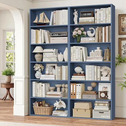 FOTOSOK 70.8" Tall Bookcase Shelf, 6 Tier Wide Bookshelf with Storage, Billy Bookcase Set of 2, Large Bookshelf for Living Room, Home Office,Blue