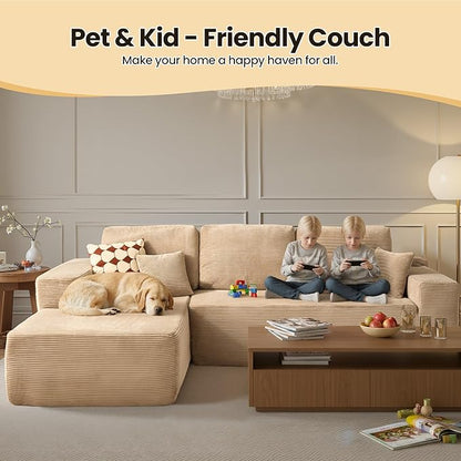 104" Cloud Sectional Couch with Chaise, Boneless L-Shaped Cloud Couch with Deep Seat, Corduroy Modern Minimalist Sofa, Assembly Free Comfy Sofa for Office Living Room Apartment(Camel, Left Chaise)