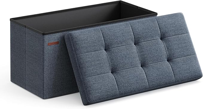 SONGMICS Mazie Collection - 30 Inches Folding Storage Ottoman Bench, Ottoman Foot Rest, End of Bed Bench, Storage Chest, Load 660 lb, for Living Room, Bedroom, Entryway, Misty Blue ULSF047Q01