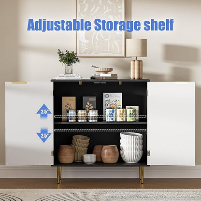 Buffet Sideboard Cabinet [Set of 2] with 4 Doors, Modern Cabinet with with Adjustable Shelf, Golden Handles & Legs, Coffee Bar Sideboard for Kitchen, Living Room, Black & White