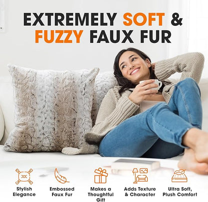 Cheer Collection Embossed Faux Fur Throw Pillows - Set of 2 Lumbar Couch Pillows, 22" x 22" - Snow Leopard
