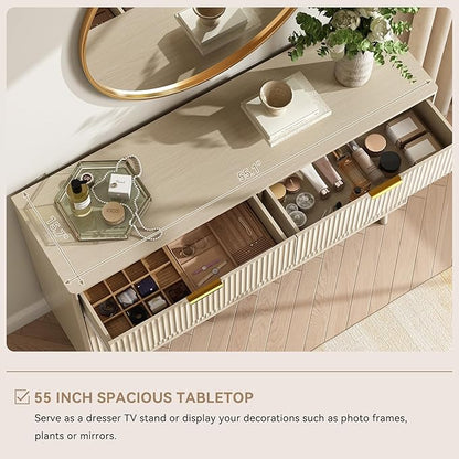 CARPETNAL Fluted 6 Drawer Dresser for Bedroom, 55" Wide Wooden Chest of Drawers with Rounded Corners, Gold Handles, Modern Storage Organizer for Bedroom, Hallway(Beige)